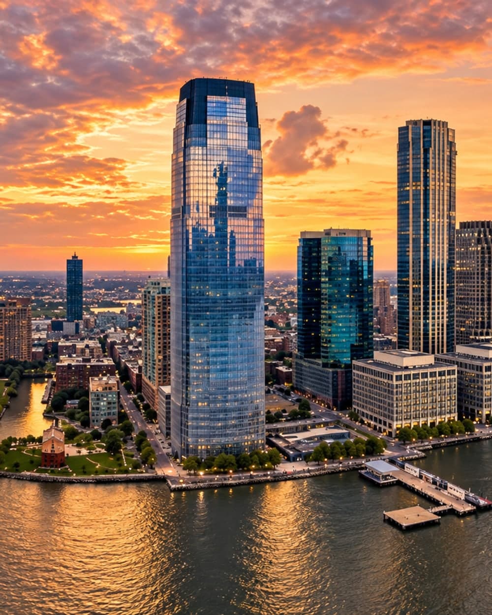 Jersey City waterfront at sunset, with the towers of Exchange Place over the Hudson River